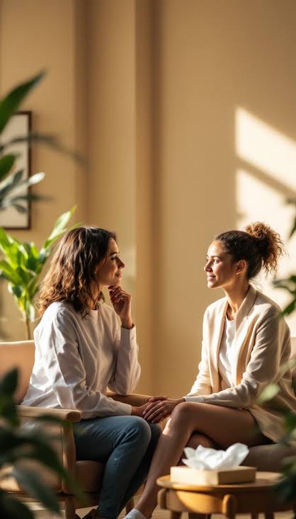 Two people in conversation in a warm, therapy space